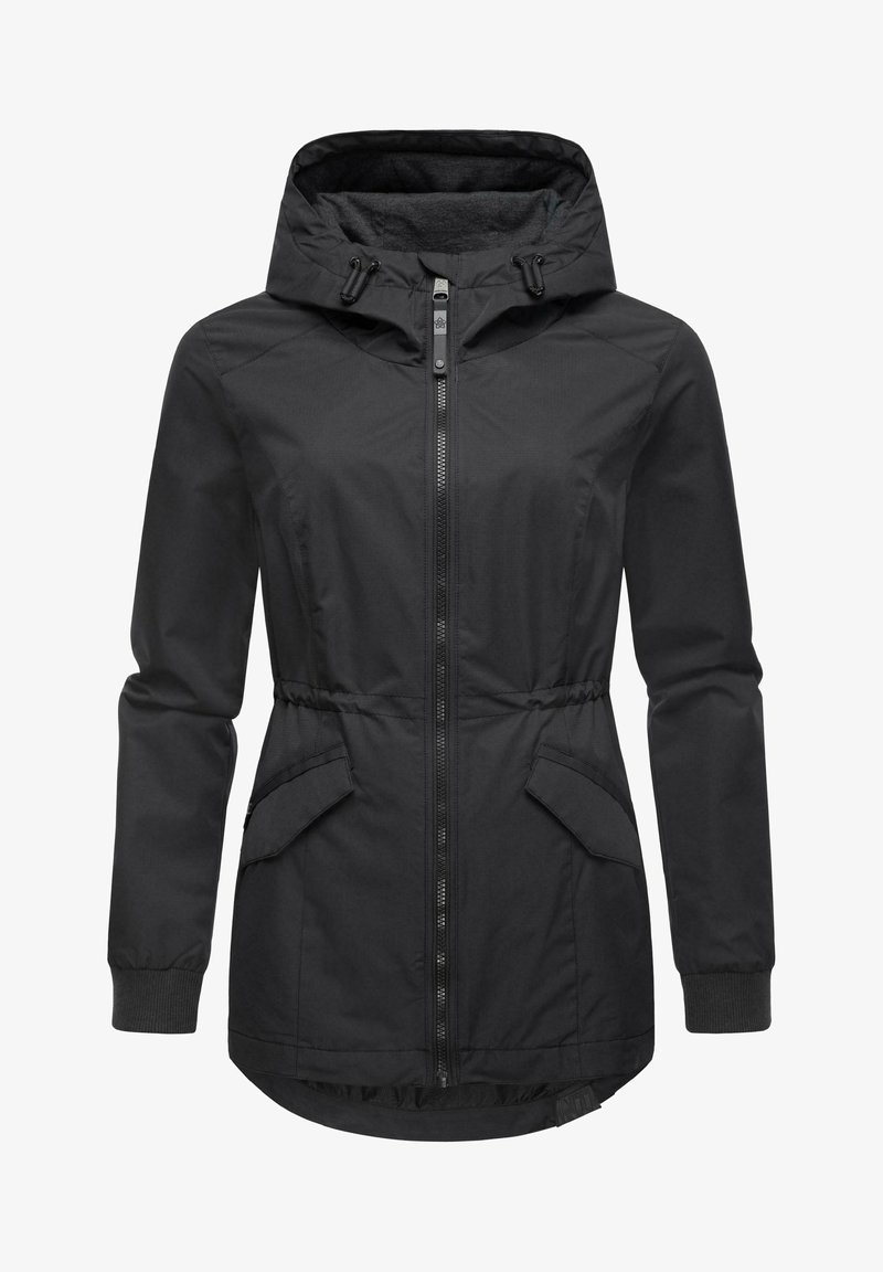 Black jacket with a hood, zip front, elastic waist, and two front pockets. Features ribbed cuffs and a lined interior.