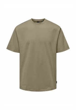 Khaki short-sleeve t-shirt with a round neckline, made of smooth fabric; features a relaxed fit and an unembellished design.