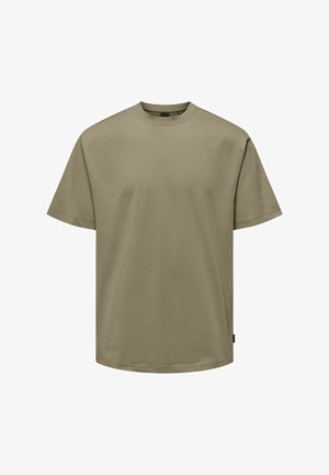 Kakifarbenes T-Shirt mit kurzen Ärmeln und Rundhalsausschnitt, aus glattem Stoff; verfügt über eine lockere Passform und ein schlichtes Design.