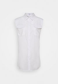 Sleeveless white button-up shirt with two front flap pockets and a pointed collar.