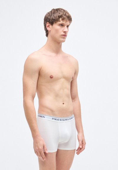 White cotton boxer briefs with a navy logo waistband, featuring a snug fit and smooth texture, model is posed sideways.