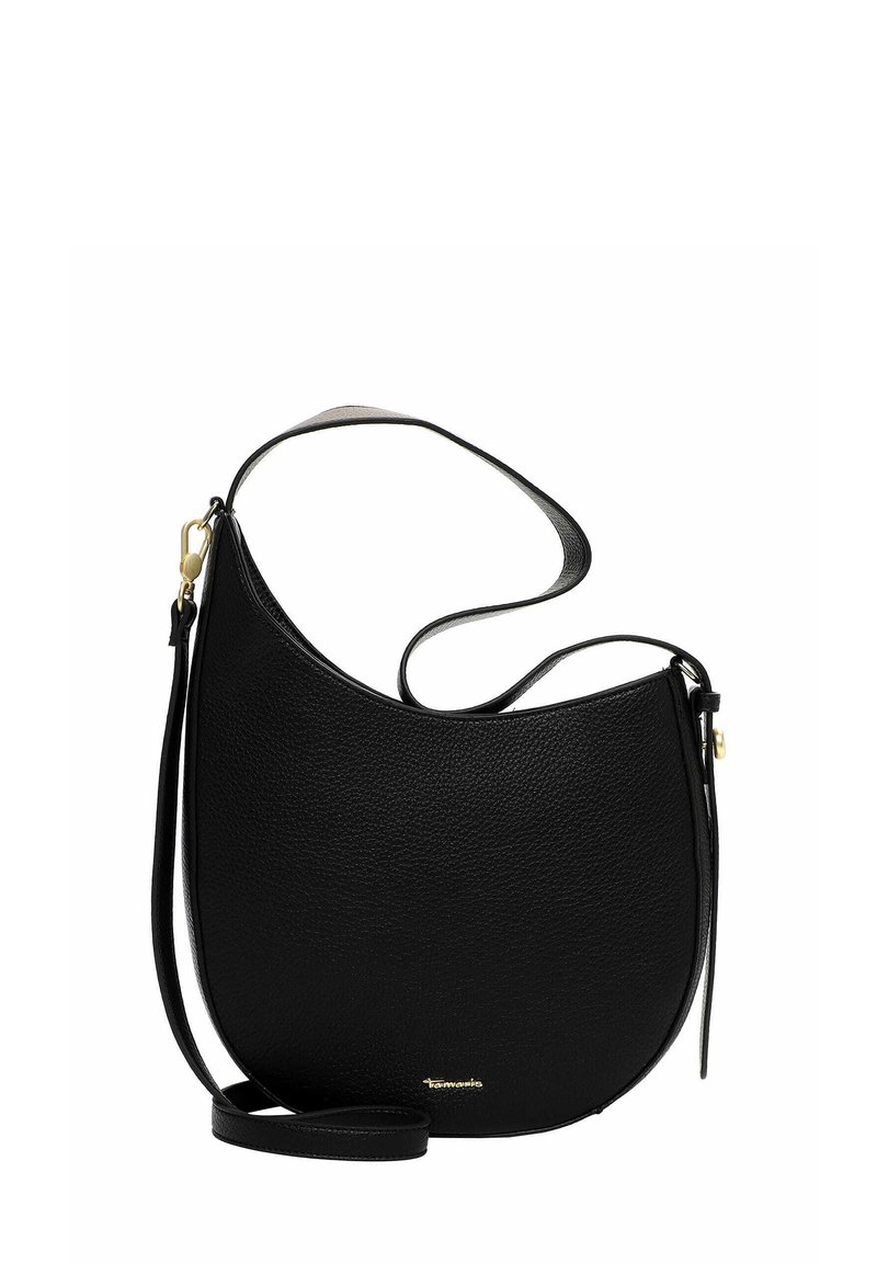 Musta nahkainen hobo-laukku teksturoidulla pinnalla ja kaarevalla muodolla. Siinä on ohut olkahihna ja kultainen logokoriste.