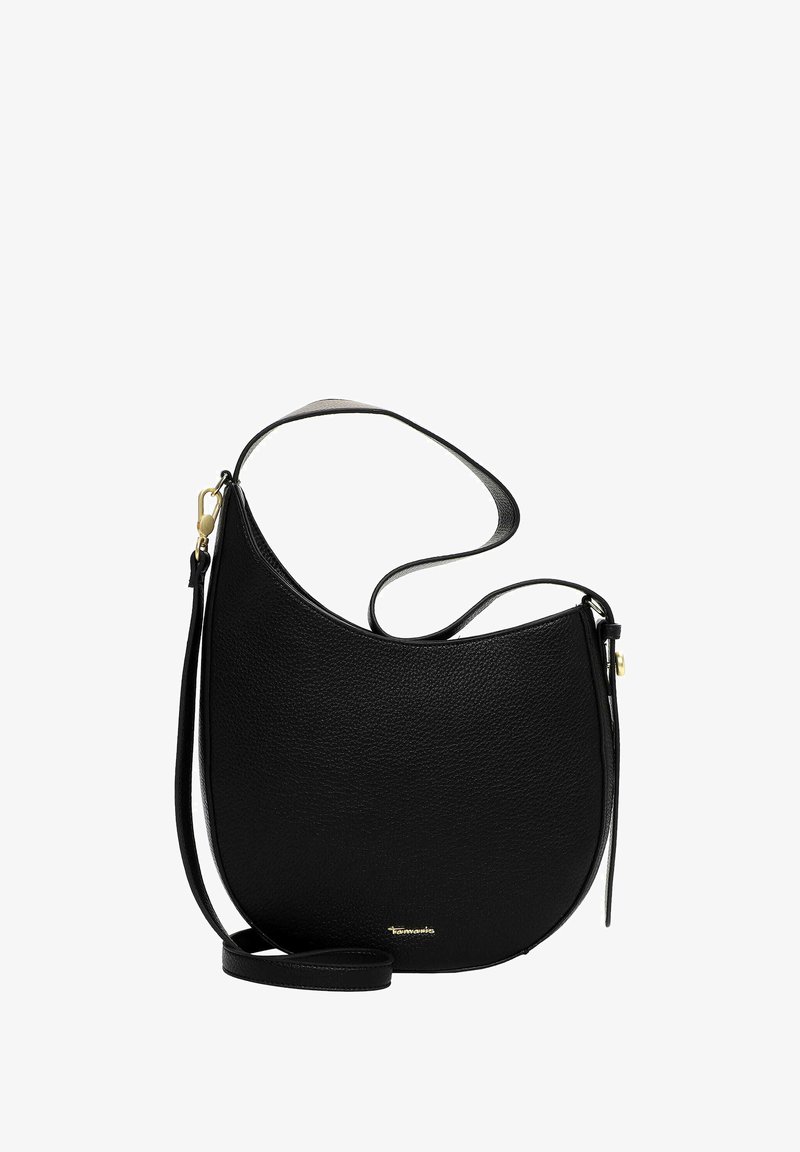 Borsa hobo in pelle nera con finitura testurizzata e forma curva. Presenta una sottile tracolla e un accento con logo dorato.