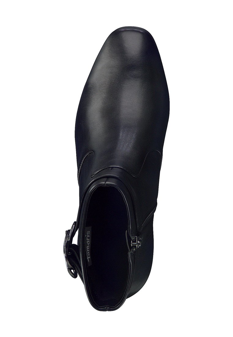 Schwarze Leder-Ankle-Boots mit glatter Oberfläche, runder Zehenpartie, seitlichem Reißverschluss und dekorativer Naht auf dem Obermaterial.