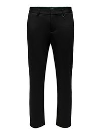 Black trousers made from smooth fabric, featuring a slim fit, adjustable waistband, and subtle belt loops. Pocket details not visible.