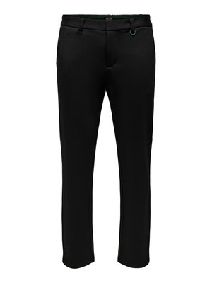 Black trousers made from smooth fabric, featuring a slim fit, adjustable waistband, and subtle belt loops. Pocket details not visible.