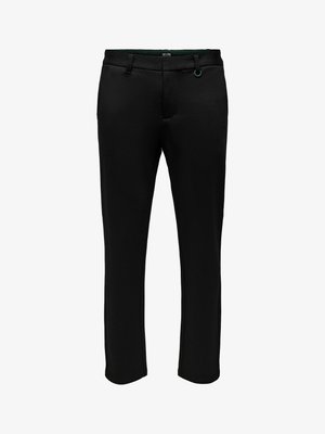 Black trousers made from smooth fabric, featuring a slim fit, adjustable waistband, and subtle belt loops. Pocket details not visible.