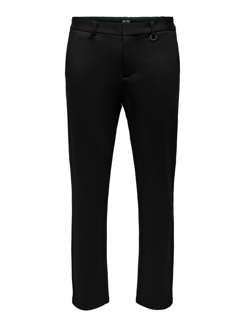 Black trousers made from smooth fabric, featuring a slim fit, adjustable waistband, and subtle belt loops. Pocket details not visible.