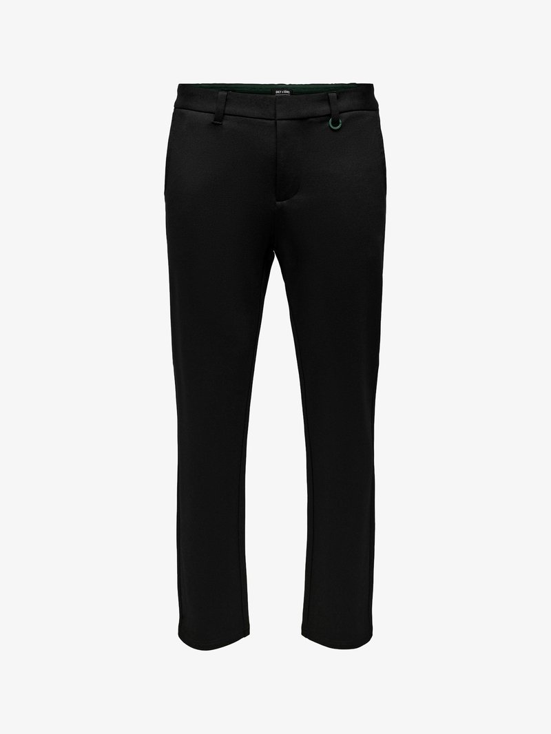 Black trousers made from smooth fabric, featuring a slim fit, adjustable waistband, and subtle belt loops. Pocket details not visible.