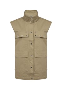 Khaki mouwloos vest gemaakt van duurzaam materiaal, met grote voorzakken, drukknopen en metalen oogjes als details.