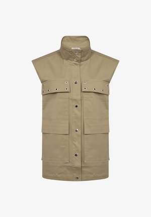 Khaki színű, ujjatlan mellény, tartós anyagból készült, nagy elülső zsebekkel, patentos záródással és fém szemöldög díszítéssel.
