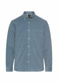 Blaues Langarmhemd aus einem weichen Stoff. Verfügt über einen Button-down-Kragen, eine Brusttasche und hellfarbene Knöpfe. Minimalistisches Design.