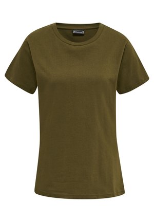 Olivgrünes T-Shirt mit kurzen Ärmeln aus Baumwolle, mit rundem Ausschnitt und lockerer Passform, glatte Textur ohne Muster oder Akzente.