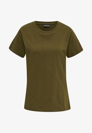 Olivgrön t-shirt med kort ärm tillverkad av bomull, med rund halsringning och en avslappnad passform, slät textur utan mönster eller detaljer.