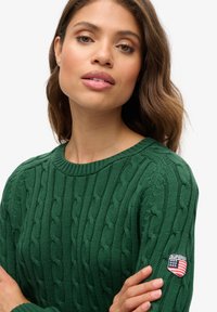 Zielony sweter dziergany z wzorem warkocza, zaokrąglonym dekoltem i małą naszywką z flagą amerykańską na rękawie.