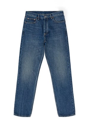 Blue denim jeans with a high waist, straight-leg cut, and a faded wash. Features five pockets and metal button hardware at the waist.