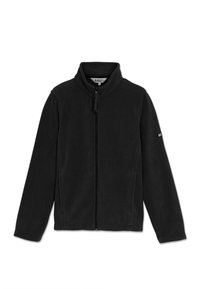 Schwarze Fleecejacke mit hohem Kragen, vollem Reißverschluss, Seitentaschen, langen Ärmeln und einem Logo auf dem linken Ärmel. Weicher Stoff und leichtes Design.