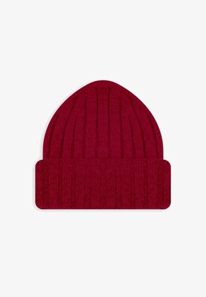 Berretto a maglia a coste bordeaux con risvolto, mostrato su sfondo bianco.