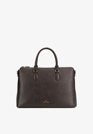 Borsa a mano in pelle marrone scuro con due manici, inserti in metallo color oro e piccolo logo dorato al centro davanti.