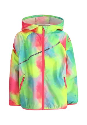 Dziecięca kurtka przeciwdeszczowa z kapturem w neonowy, wielokolorowy wzór tie-dye, z przednim zamkiem błyskawicznym, zasuwanymi bocznymi kieszeniami i elastycznymi mankietami.