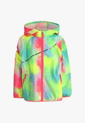 Dziecięca kurtka przeciwdeszczowa z kapturem w neonowy, wielokolorowy wzór tie-dye, z przednim zamkiem błyskawicznym, zasuwanymi bocznymi kieszeniami i elastycznymi mankietami.