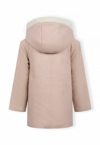 Roza plašč iz volnene mešanice z mehkim kapuco obrobljenim z umetnim krznom, dolgimi rokavi in ravno krojem. Ima navpične šive za strukturiran dizajn.