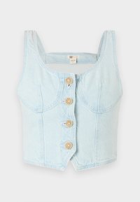 Világoskék farmer cropped top négyzet alakú nyakkivágással, az elején öt fából készült gombbal és íves oldals seams.