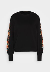 Černá mikina s dlouhými rukávy zdobená květinovou výšivkou v oranžové a tyrkysové barvě na obou rukávech. Kulatý výstřih a žebrované manžety.