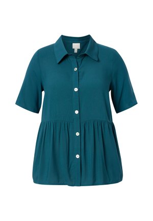 Blusa corta manica corta color verde acqua con colletto, dettaglio a vita raccolta e bottoni bianchi sul davanti.