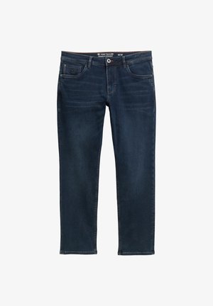 Donkerblauwe rechte jeans met frontzakken, riemlussen, knoopsluiting en subtiele vervagingdetails. Maat 32/32 van Tom Tailor.