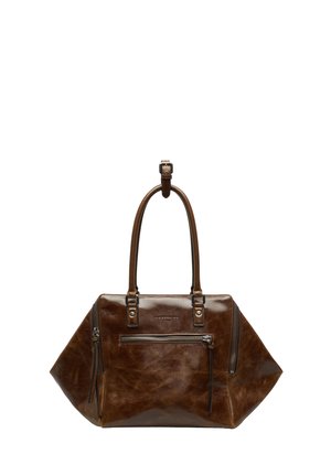 Dunkelbraune Lederhandtasche mit zwei Griffen, vorderer Reißverschlusstasche und seitlichen Reißverschlussdetails vor weißem Hintergrund.