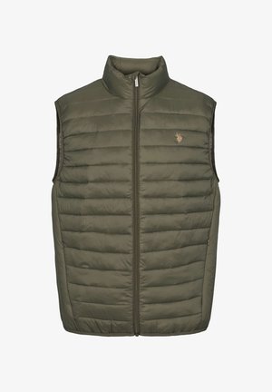 Olivgrüne, gesteppte, ärmellose Weste mit hohem Kragen, zentralem Reißverschluss, Seitentaschen und kleinem, auf der linken Brust eingesticktem Logo.