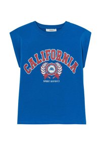 T-shirt en coton bleu à manches courtes, arborant un graphique "CALIFORNIA" en rouge et blanc, accompagné de détails de laurier et d'un emblème circulaire.