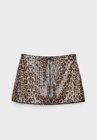 Paljettinen minihame leopardikuosilla, jossa istuva siluetti, teksturoitu pinta ja musta reunus vyötäröllä kontrastia luomassa.