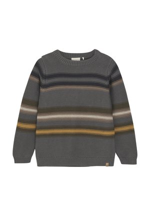 Stickad grå tröja med horisontella ränder i mörkgrön, gul och brun. Har rundad halsringning och ribbade ärmslut och nederkant.