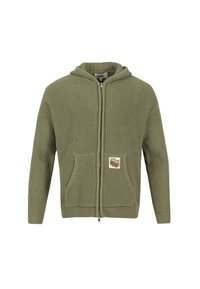 Olive green ribbed hoodie with a front zipper, two side pockets, and a logo patch. Textured fabric with a fitted design.