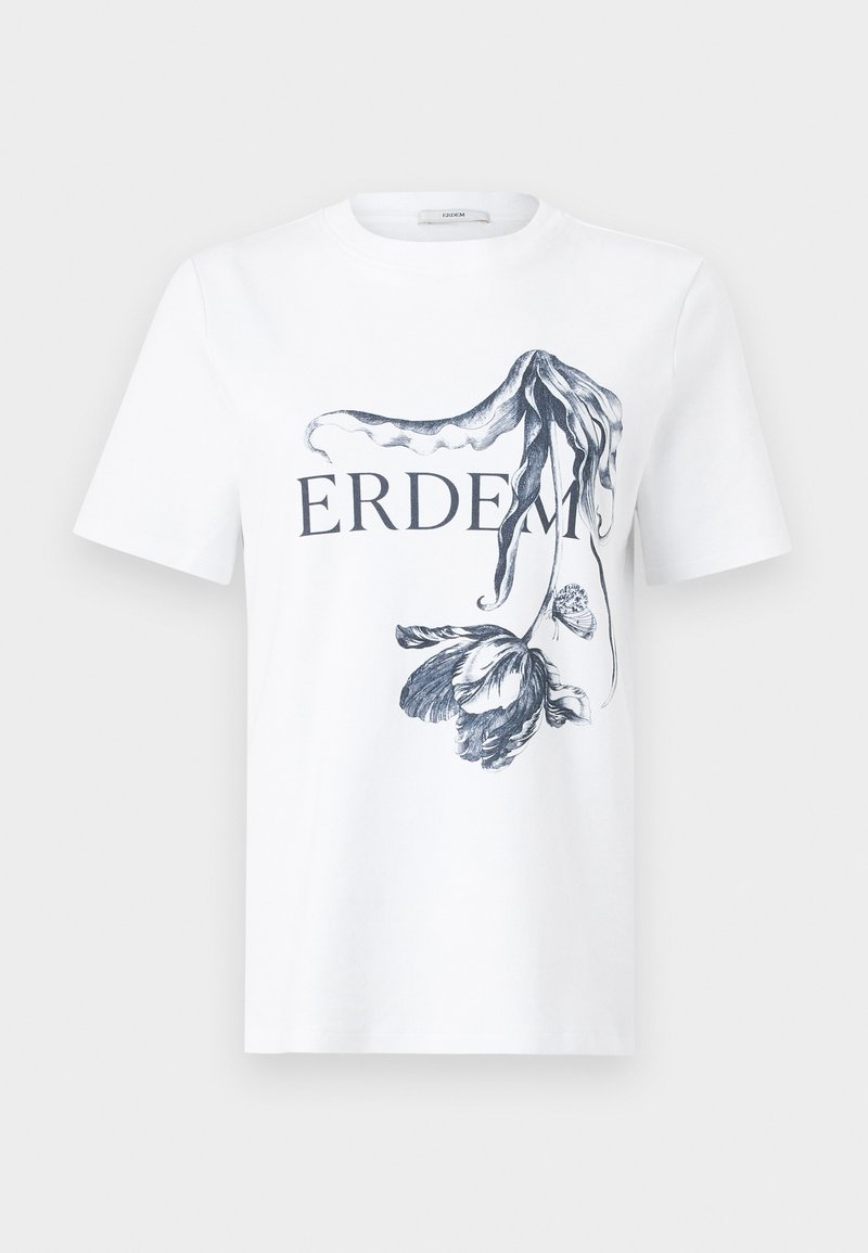 Weißes T-Shirt mit kurzen Ärmeln und dem Text "ERDEM" sowie einer detaillierten schwarzen Blumenillustration, die die Buchstaben vorne teilweise bedeckt.