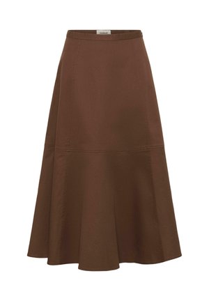 Pruun põranda pikkusega puuvillast lehvitatud seelik. Omab kõrget vöökohta, peeneid õmbluse detaile ja siledat tekstuuri põlvepikkuse äärega.