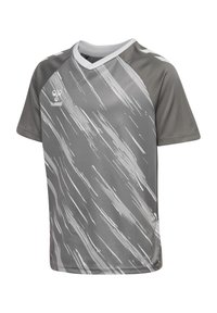 Grå sporttröja för barn med V-ringning, korta ärmar och ett dynamiskt mönster av vita streck. Tillverkad av lätt och andningsbart material.