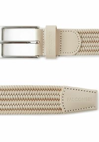 Beige geweven leren riem met gestikte uiteinden, zilveren rechthoekige gesp en "FALCONERI" geperst op de leren lus en punt.