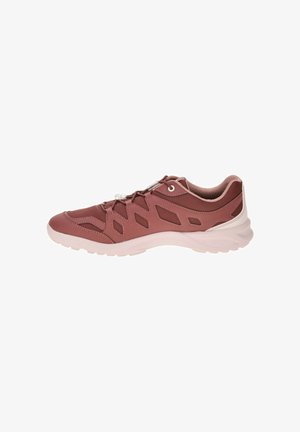 Maroon athletic sneaker with mesh and synthetic overlays, adjustable toggle laces, cushioned collar, and white rugged sole for outdoor use.