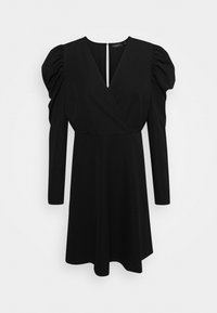 Schwarzes Kleid mit langen Ärmeln und aufgebauschten Schultern, mit Wickeldesign und V-Ausschnitt, aus glattem Stoff mit fließendem Rock.