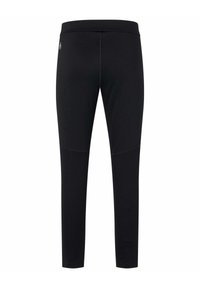 Pantaloni sportivi neri realizzati in tessuto elasticizzato con una texture liscia, dotati di una vita ampia e un design aderente, che si restringe alle caviglie.