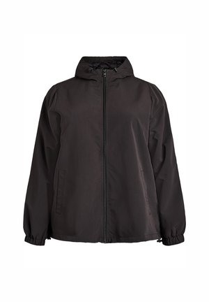 Melnā kapuces jaka no viegla auduma. Aprīkota ar priekšējo rāvējslēdzēju, divām sānu kabatām, elastīgām aprocēm un regulējamu aukliņu kapucē.