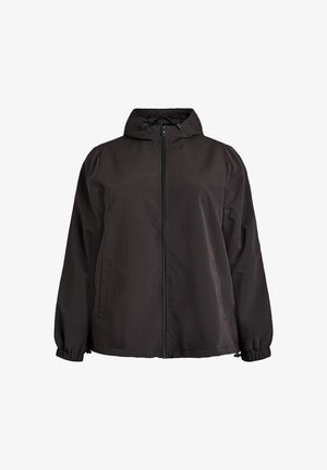 Czarna kurtka z kapturem wykonana z lekkiego materiału. Posiada przedni zamek błyskawiczny, dwie boczne kieszenie, elastyczne mankiety oraz regulowany sznurek przy kapturze.