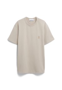 Beige katoenen T-shirt met korte mouwen, ronde halslijn en een klein geborduurd logo op de borst. Soepele textuur en een ontspannen pasvorm.