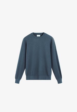 Donkerblauwe trui van gestructureerde stof, met een ronde halslijn en geribbelde boorden aan de mouwen en zoom. Eenvoudig, onopgesmukt ontwerp.