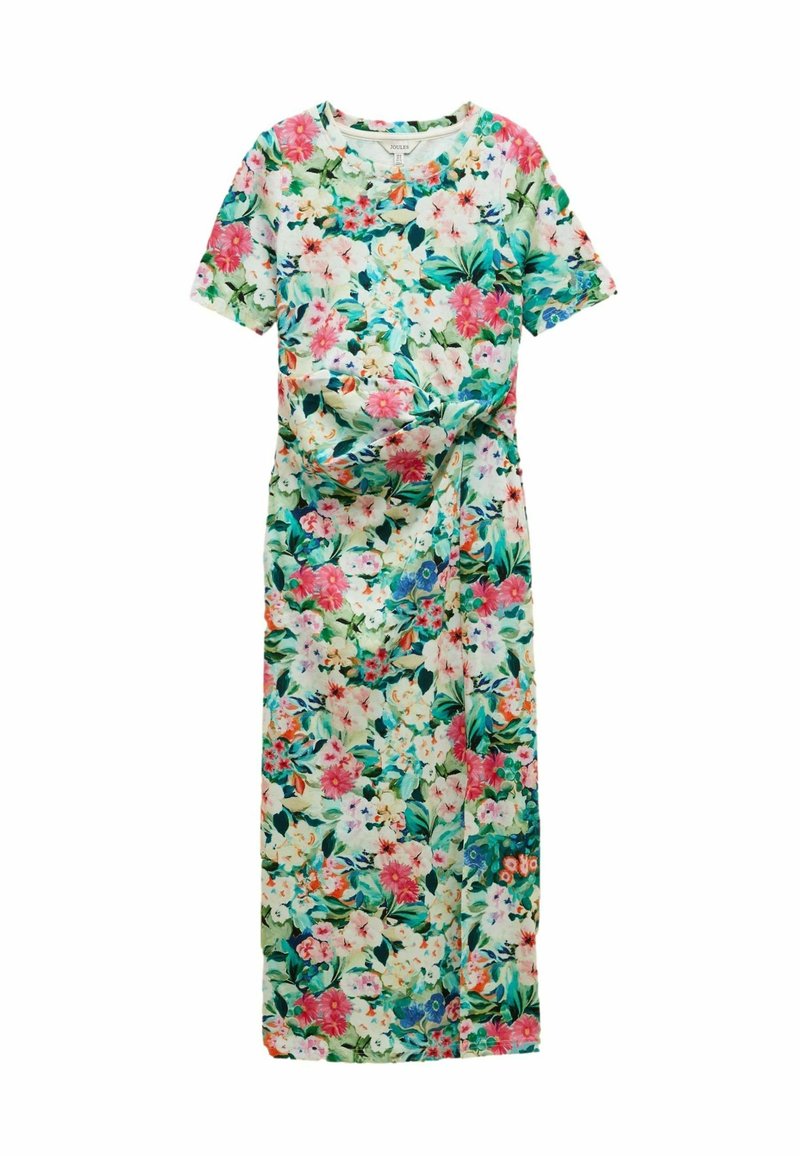 Blumiges Maxikleid mit rundem Ausschnitt, kurzen Ärmeln und einem lebhaften Muster aus rosa, grünen und blauen Blumen auf einem hellen Hintergrund.