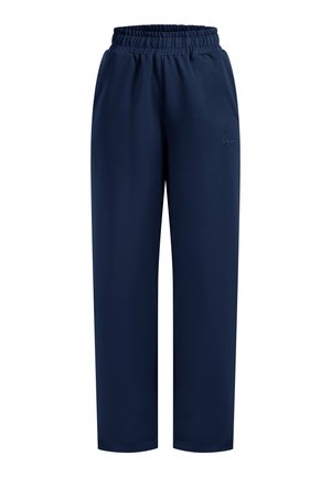 Navy blue athletic pants made from a soft fabric; features an elastic waistband and straight leg design. No visible hardware or patterns.