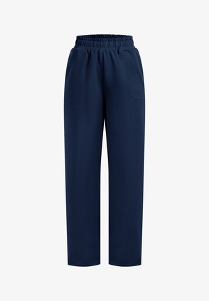 Granatowe spodnie sportowe wykonane z miękkiego materiału; posiadają elastyczny pas i prostą nogawkę. Brak widocznych elementów metalowych lub wzorów.